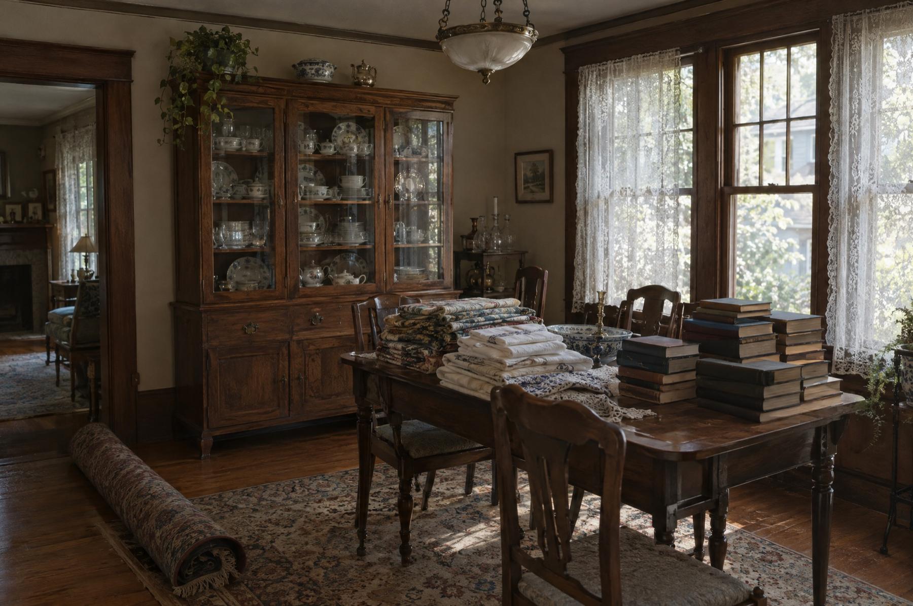 A dark wood dining room with a china hutch, linens and old books sorted on the table, and light through lace curtains