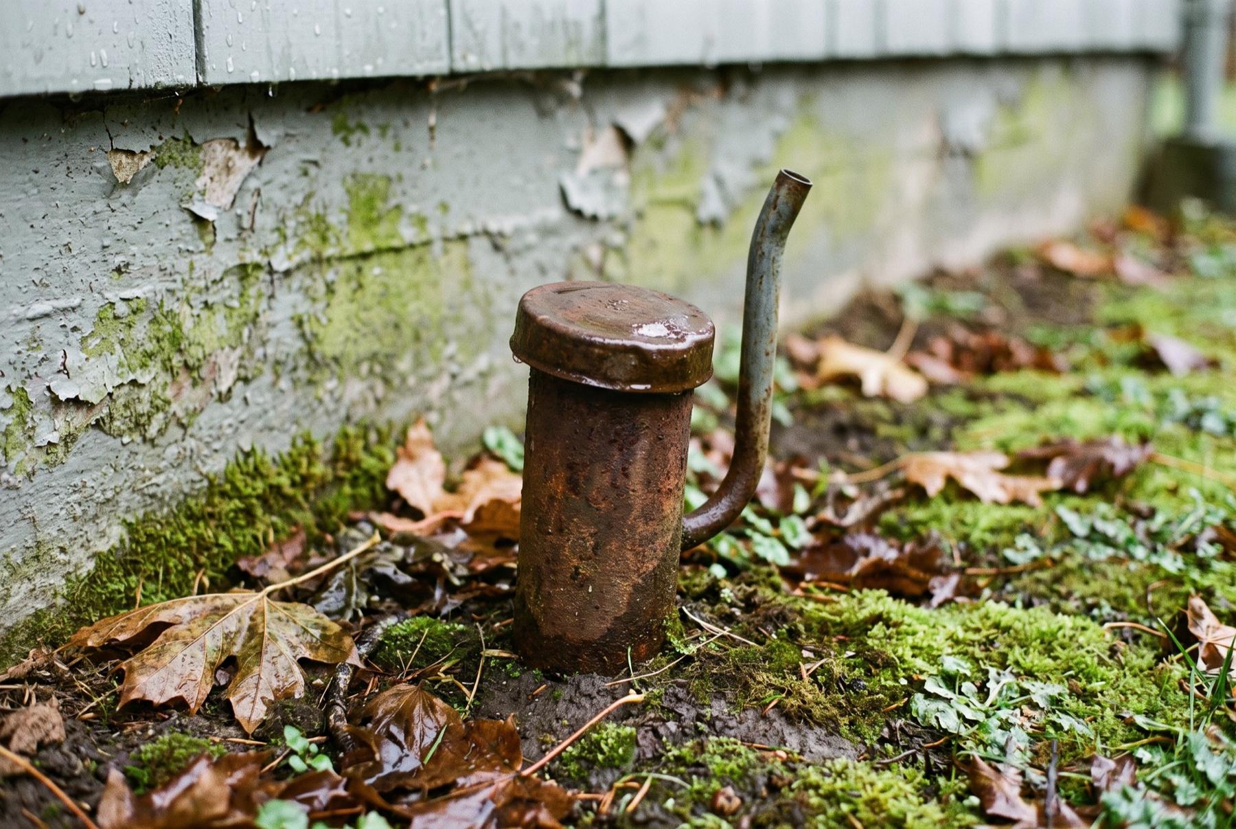 A rusted heating oil fill pipe and vent pipe rising from mossy ground beside the peeling foundation of an old house