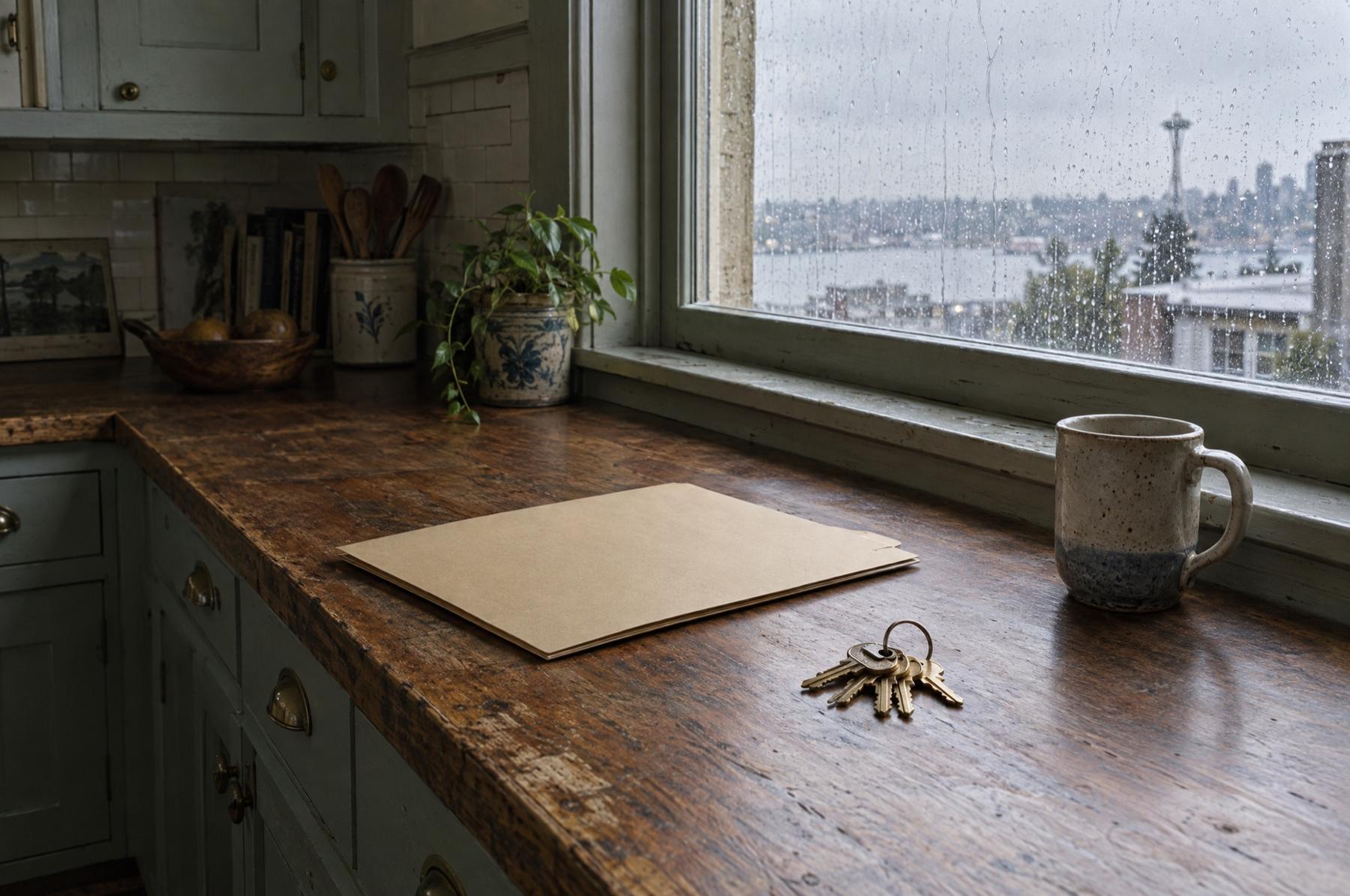 Brass house keys and a manila folder on a worn wooden kitchen counter, rain on the window and a city skyline beyond